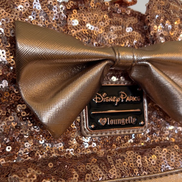 Disney Parks Loungefly Rose Gold Sequin Mini Backpack Vintage Heart Logo - Picture 2 of 11